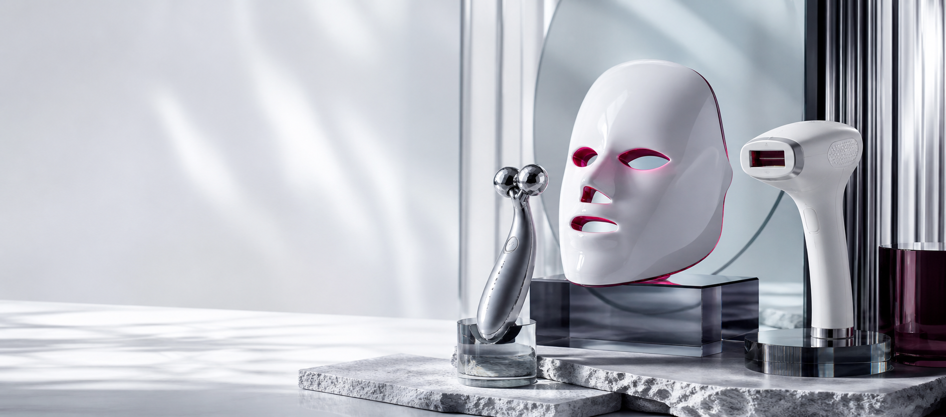 Premium at-home beauty technology on a silver editorial set
